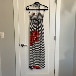 Black and white striped, hibiscus halter dress